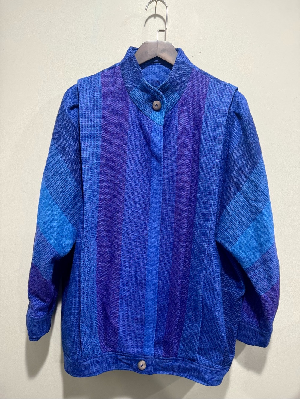 Vtg 80s Avoca Ireland Pure Wool Blue Purple Striped Jacket Unisex M XL⁠